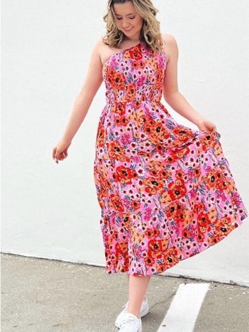 Pink Floral One-Shoulder Midi Dress